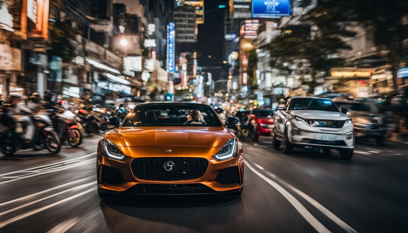 A luxury car glides through the bustling streets of Bangkok, capturing the vibrant cityscape in vivid detail.