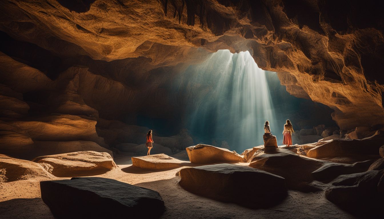 An awe-inspiring photo of intricate rock formations inside a cave, illuminated by beams of natural light.