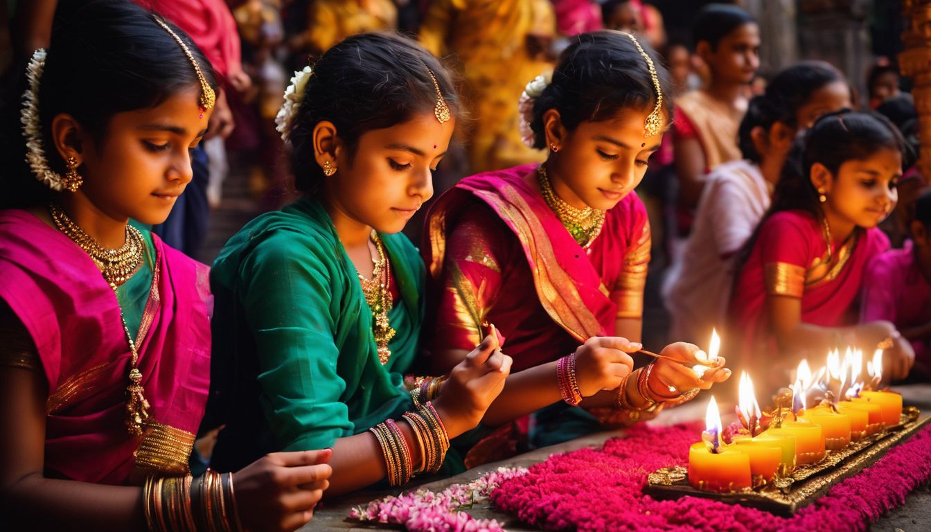 A group of Bangladeshi children light diyas in front of a festive temple.