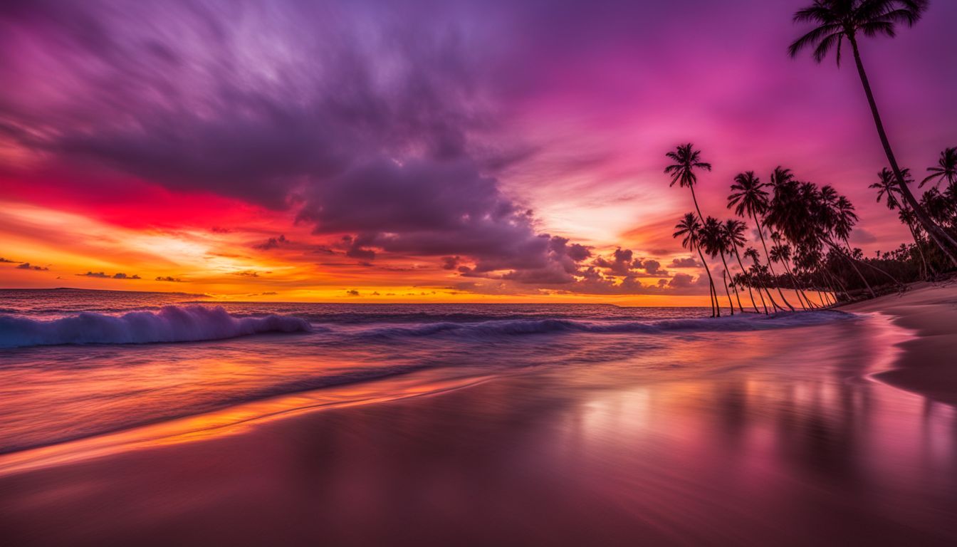 A stunning sunset over Chang's Beach, capturing the beauty of the palm trees and vibrant sky.