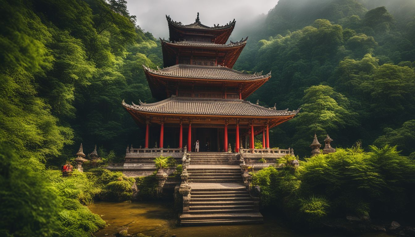 A beautiful temple in a lush green setting with a diverse group of people.