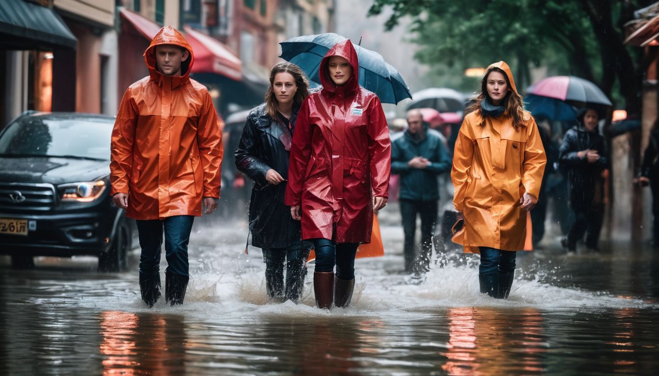A diverse group of people walk through a flooded street in raincoats, creating a bustling atmosphere.