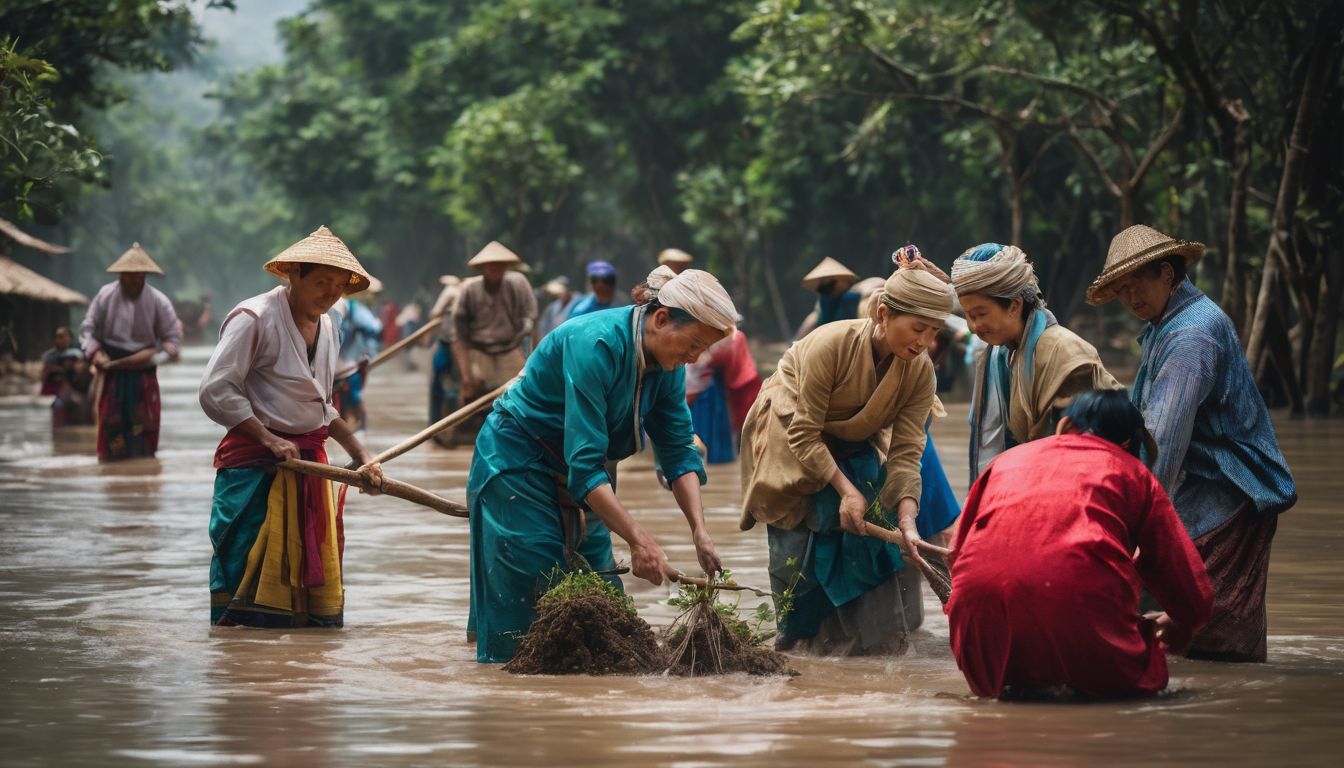 A group of people in traditional garments planting trees in a flood-prone area.
