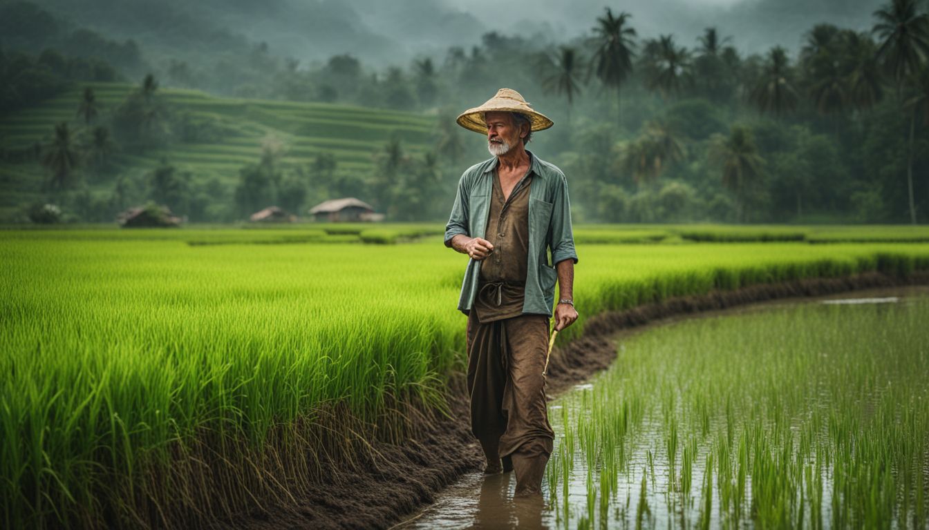 A farmer tends to his paddy field during the monsoon, surrounded by lush greenery.