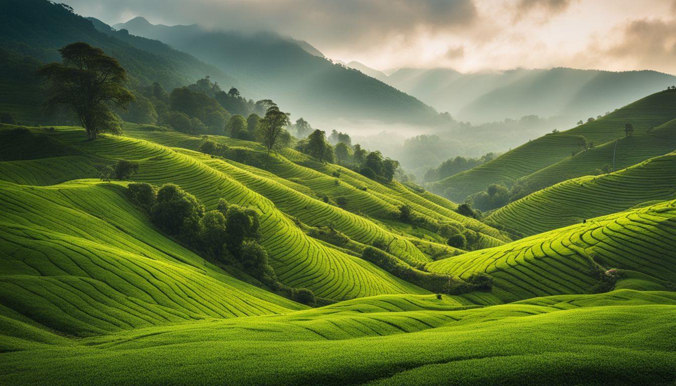 A stunning photograph of lush green tea plantations surrounded by misty hills and a bustling atmosphere.