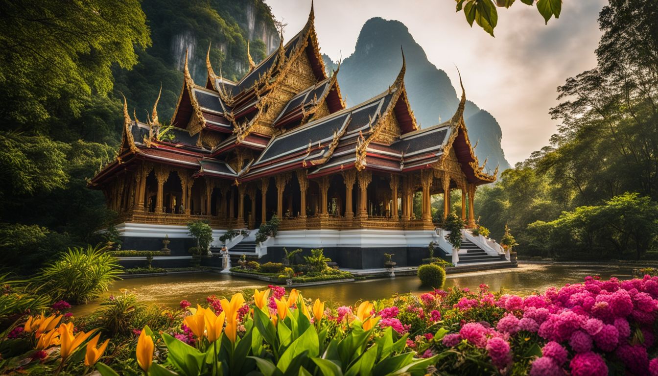 A vibrant Thai temple surrounded by lush greenery and blooming flowers, captured in stunning detail and clarity.