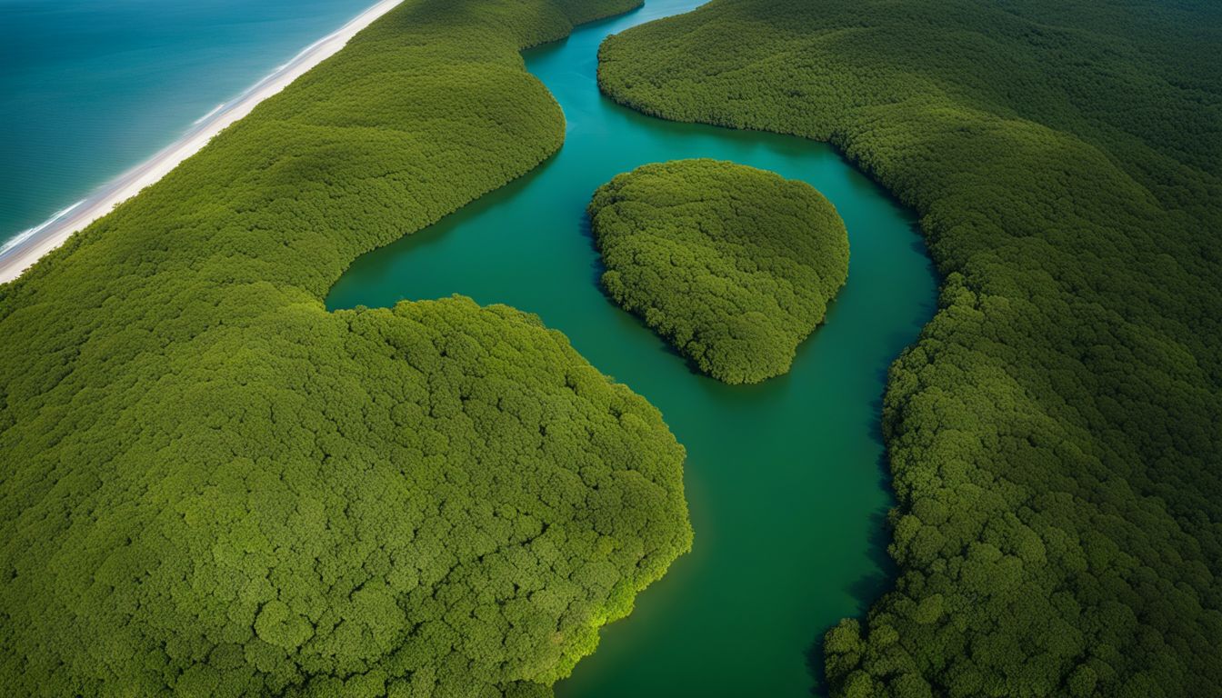 Aerial view of vibrant and diverse mangrove forests along the coastline, showcasing their resilience and beauty.