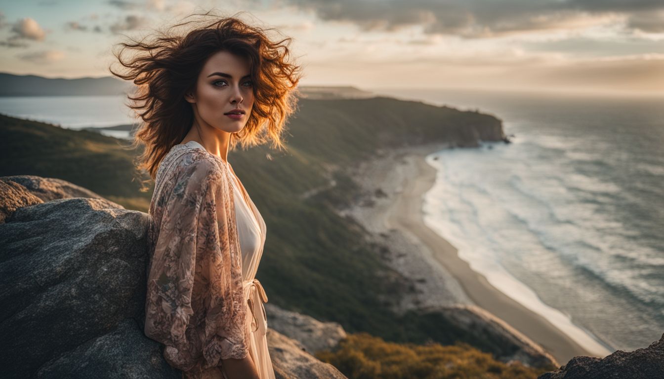 A woman stands on a cliff overlooking a secluded beach, capturing the beauty of nature with her camera.