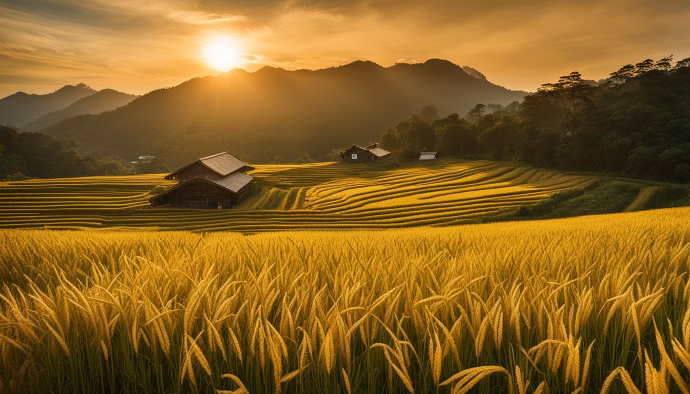 A vibrant field of golden rice plants with diverse individuals and a bustling atmosphere.
