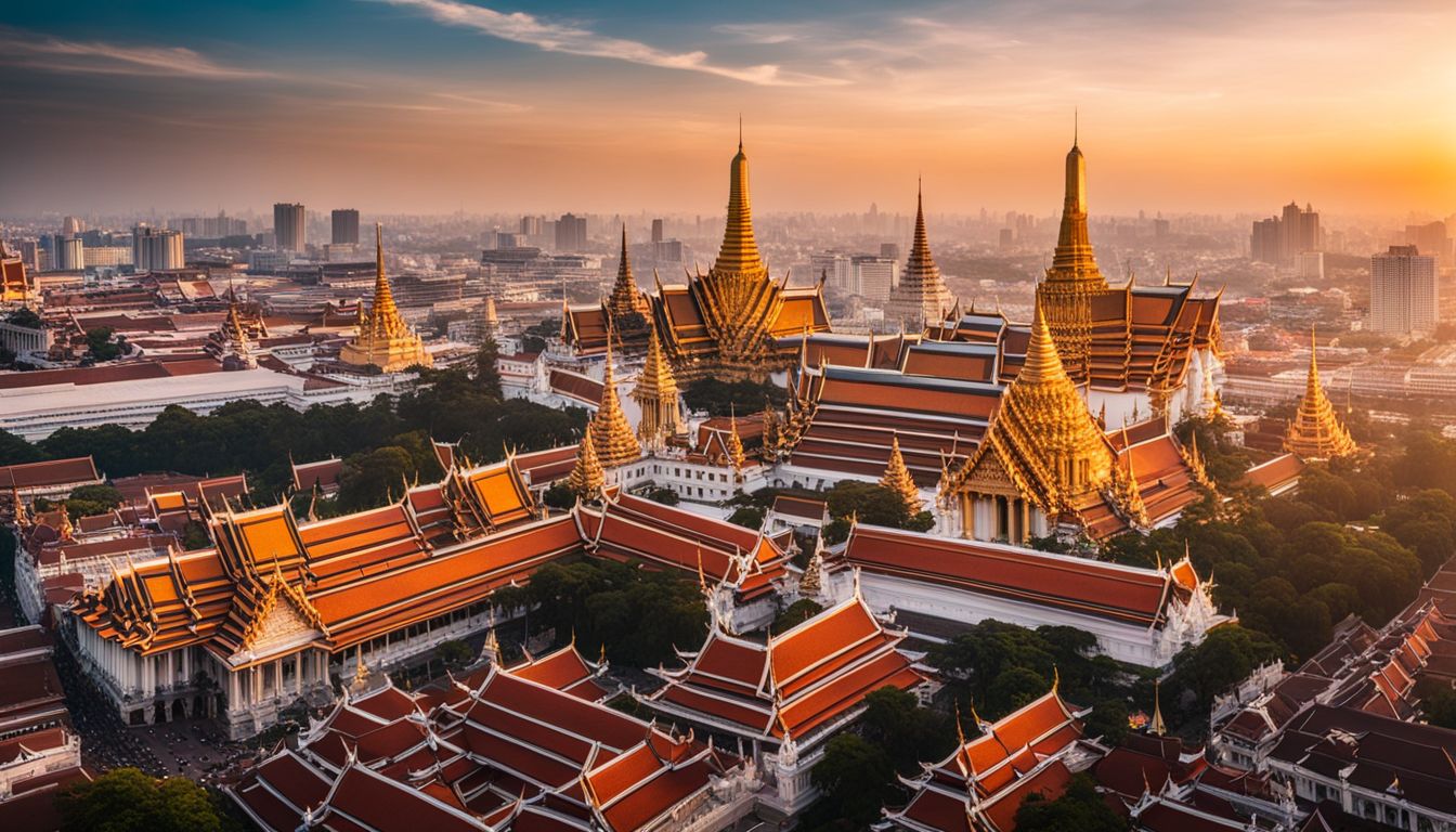 An aerial view of the Grand Palace complex at sunset, showcasing a bustling atmosphere with diverse individuals.