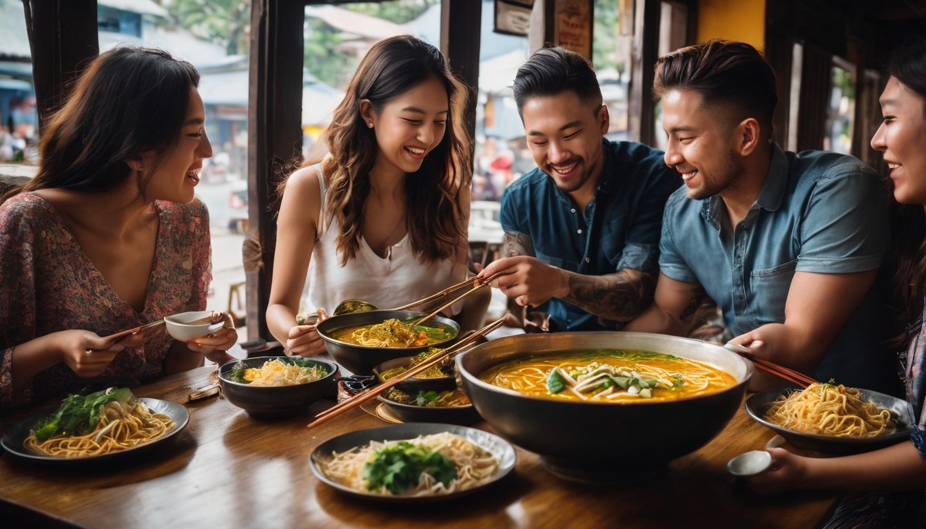 A group of friends enjoying a bowl of khao soi at Khao Soi Lam Duan, capturing the vibrant atmosphere of the restaurant.