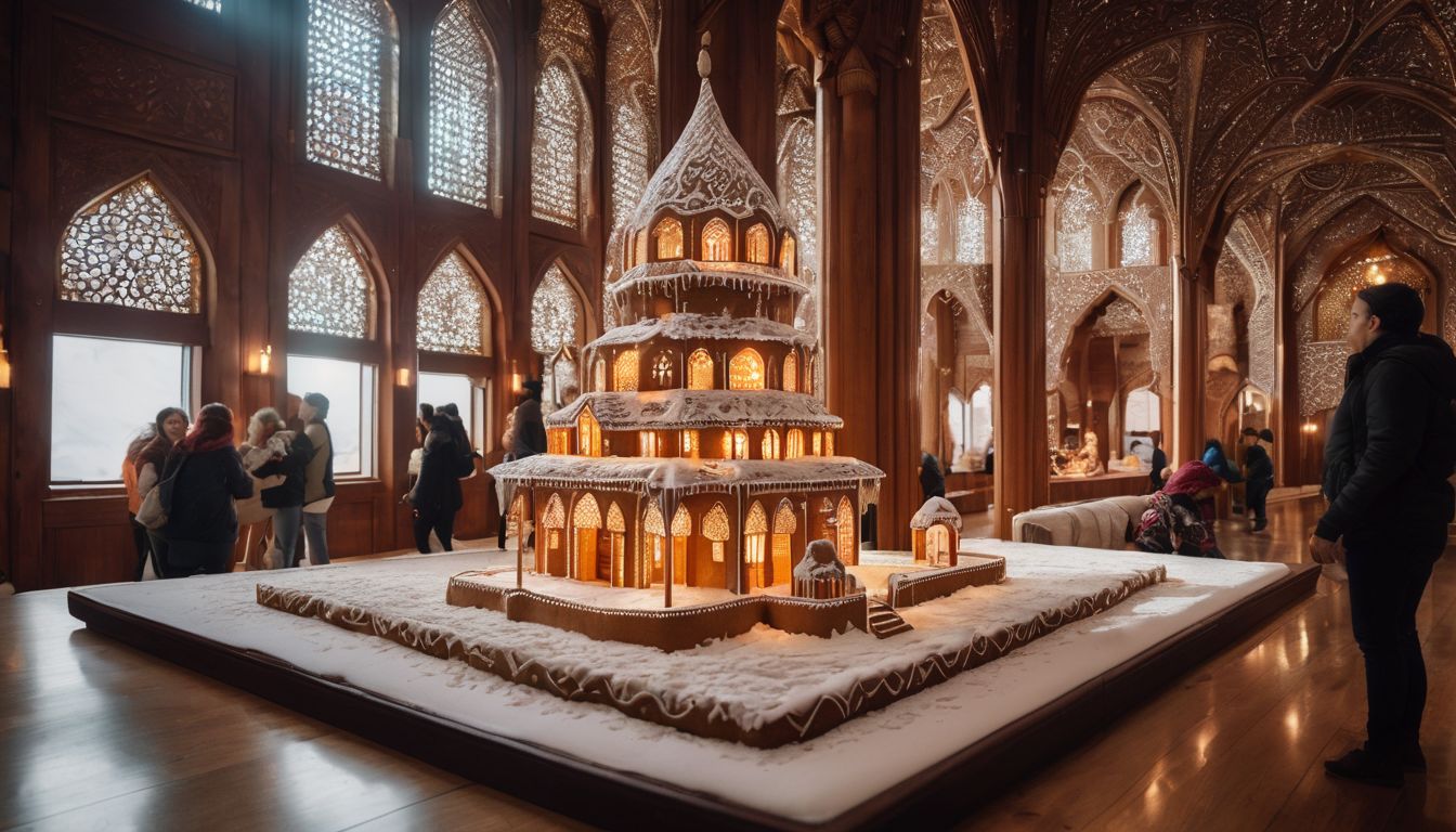A diverse group of people explore the intricately designed interior of the Gingerbread Mosque.