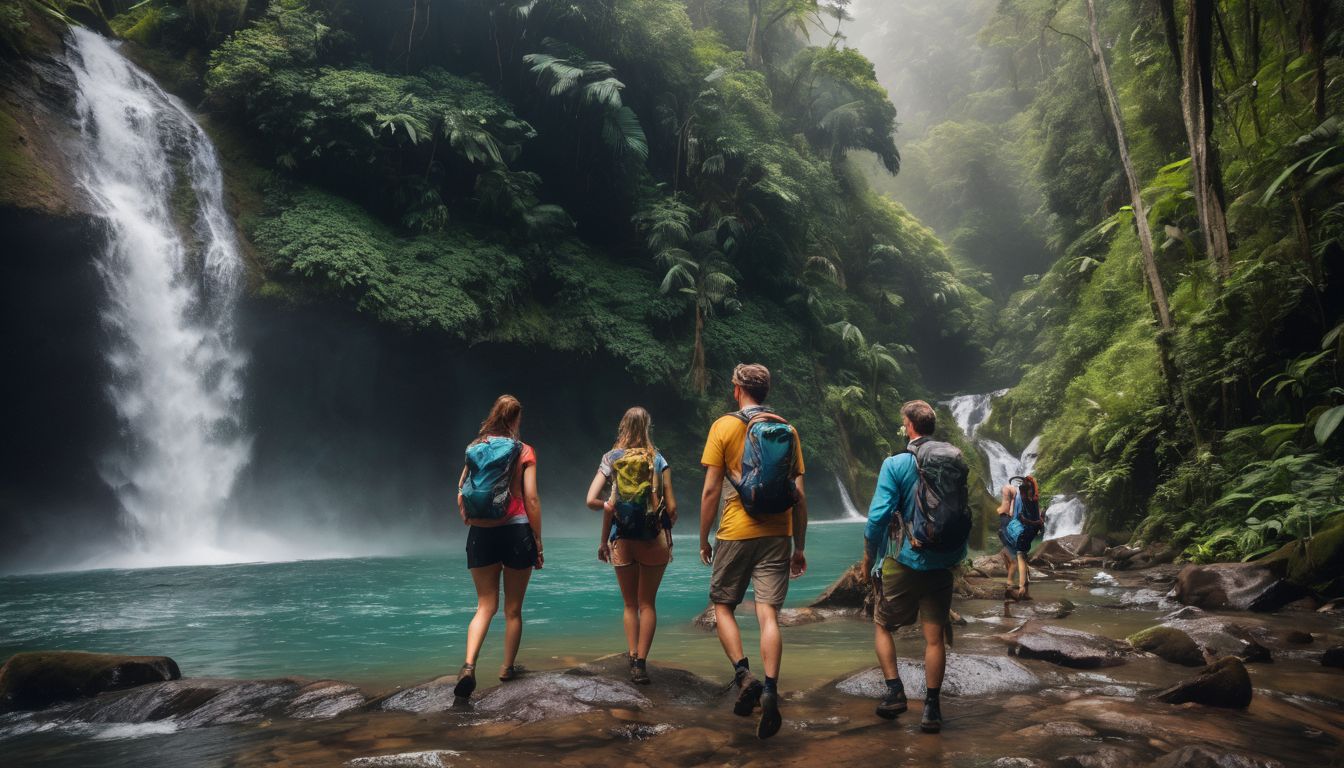 A diverse group of friends enjoying a hike through lush jungle trails and waterfalls.