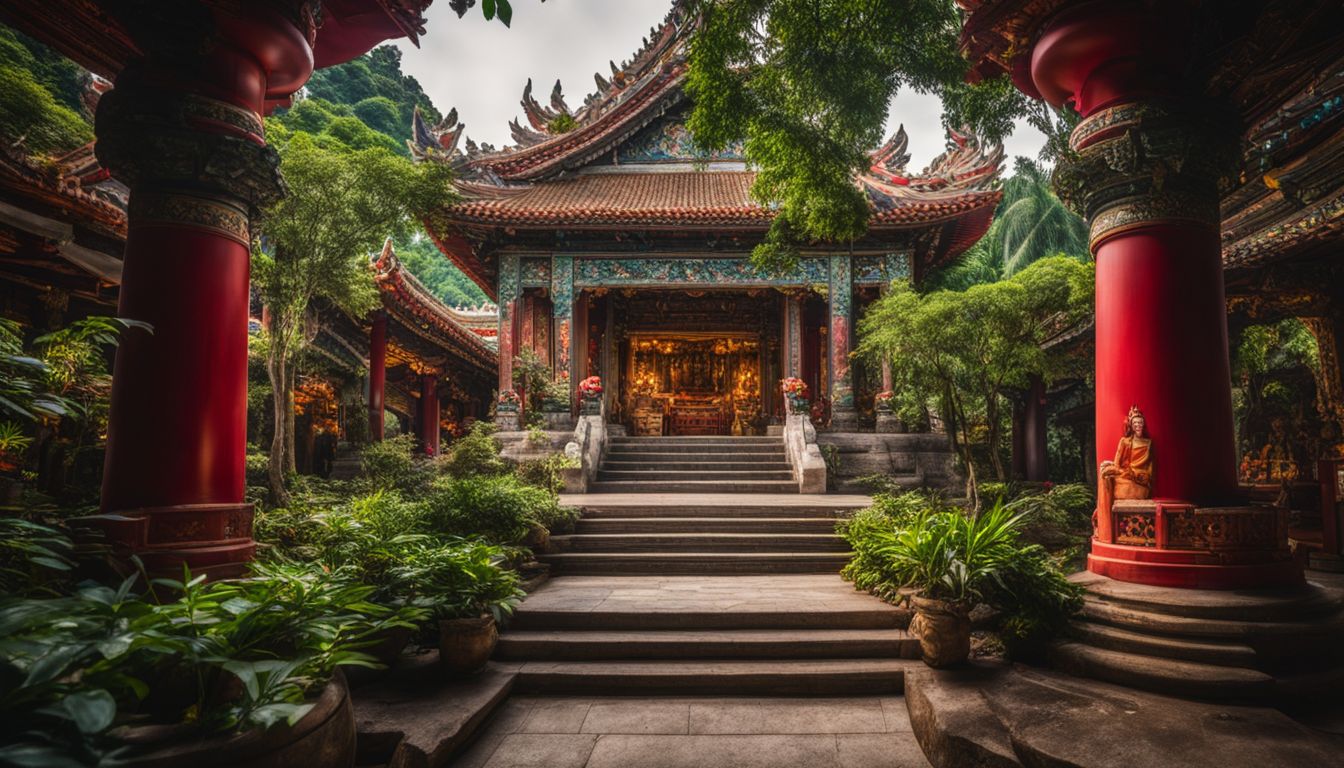 A photo of the intricately designed Hainan Temple surrounded by lush greenery and bustling atmosphere.