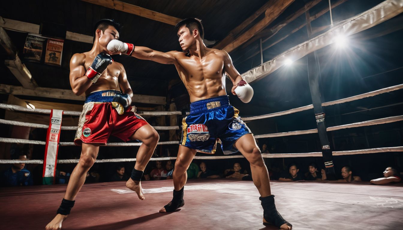 A confident Muay Thai fighter wearing a Mongkhon in a traditional training gym.