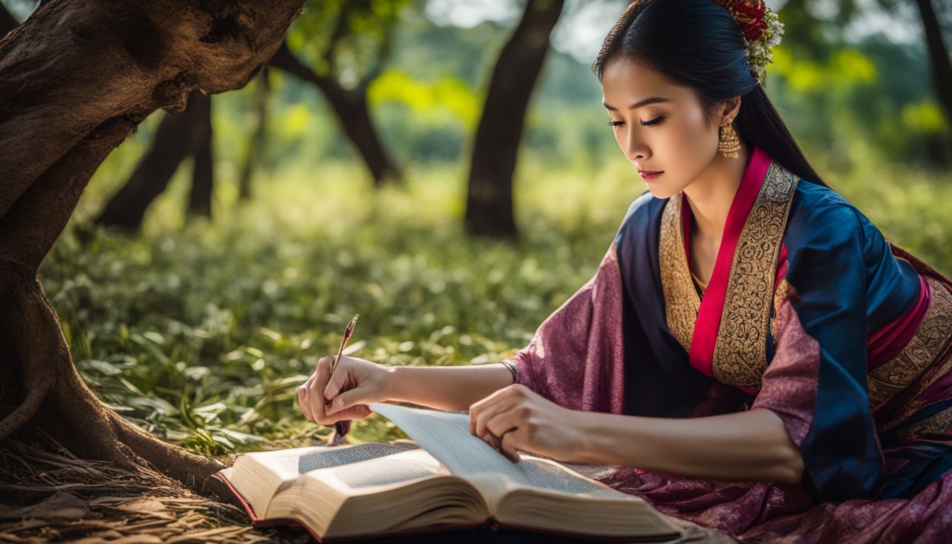 A Thai woman in traditional clothing reads a book under a Bodhi tree in a bustling atmosphere.