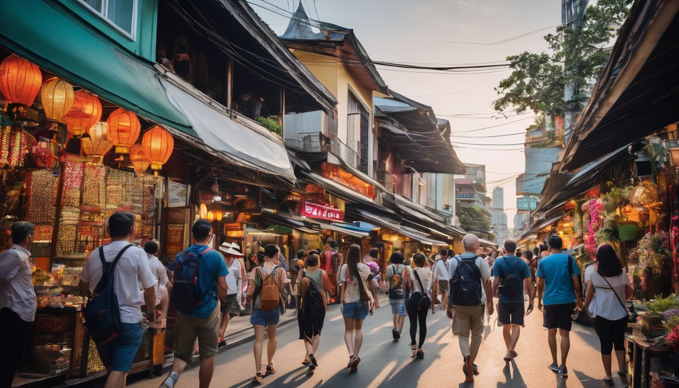 A diverse group of tourists explore the vibrant streets of Bangkok, capturing the city's energetic atmosphere.