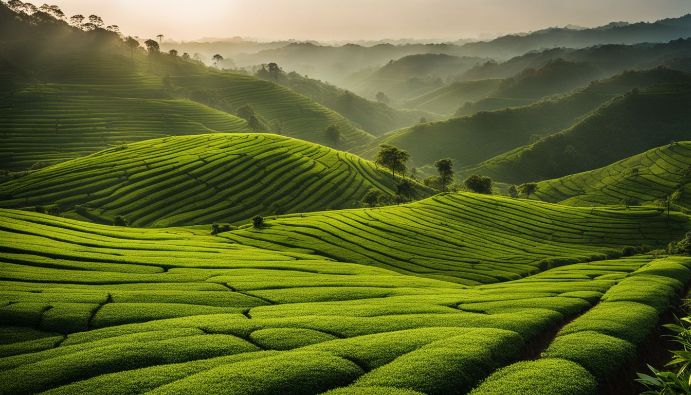A vibrant photo of lush green tea plantations in Chittagong Hill Tracts with a bustling atmosphere.