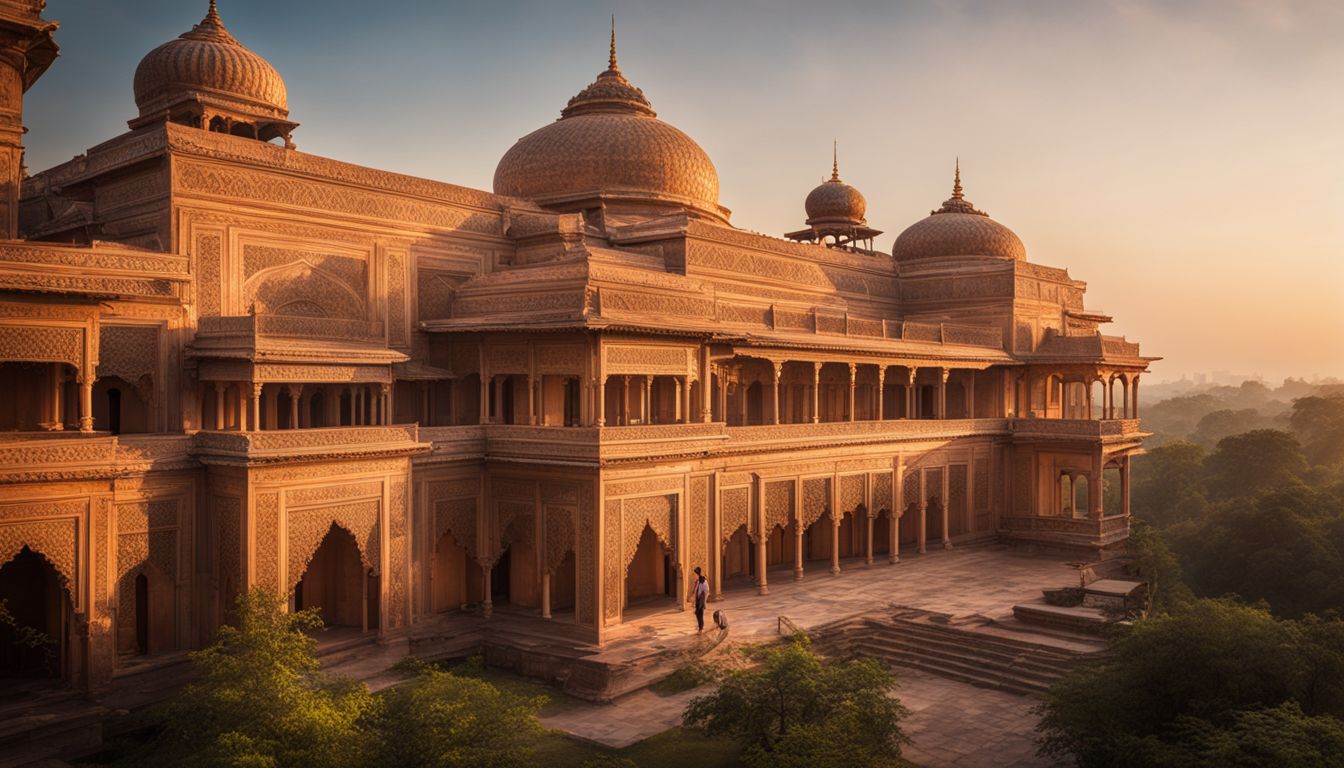 The photo showcases the intricate architectural detail of the Tajhat Palace at sunset.