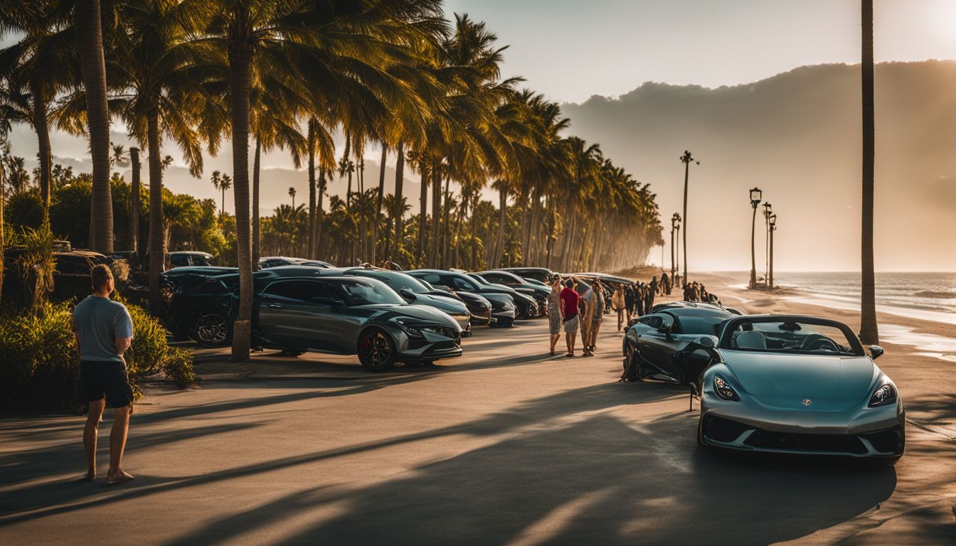 A lineup of secure parking spots near the beach with a bustling atmosphere and diverse people.