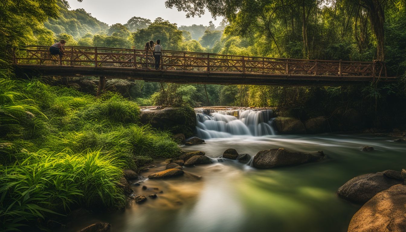 The photo features a bridge surrounded by lush greenery, with diverse people and a bustling atmosphere.