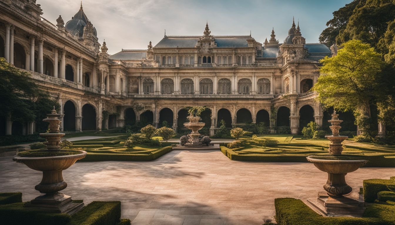 The Palace exterior with lush gardens, a grand entrance, and a bustling atmosphere.