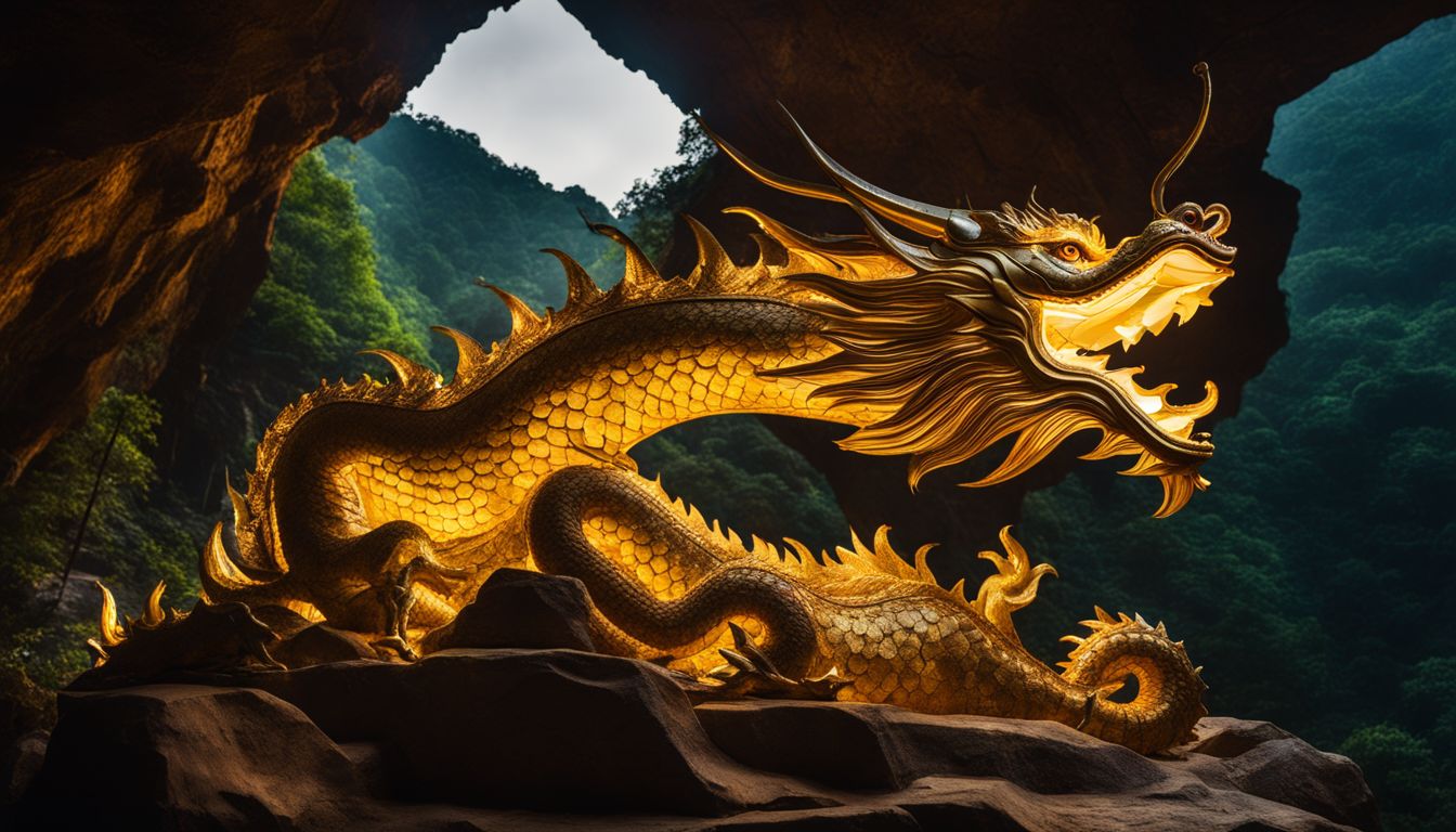 An illuminated golden dragon statue in a temple cave with a bustling atmosphere.