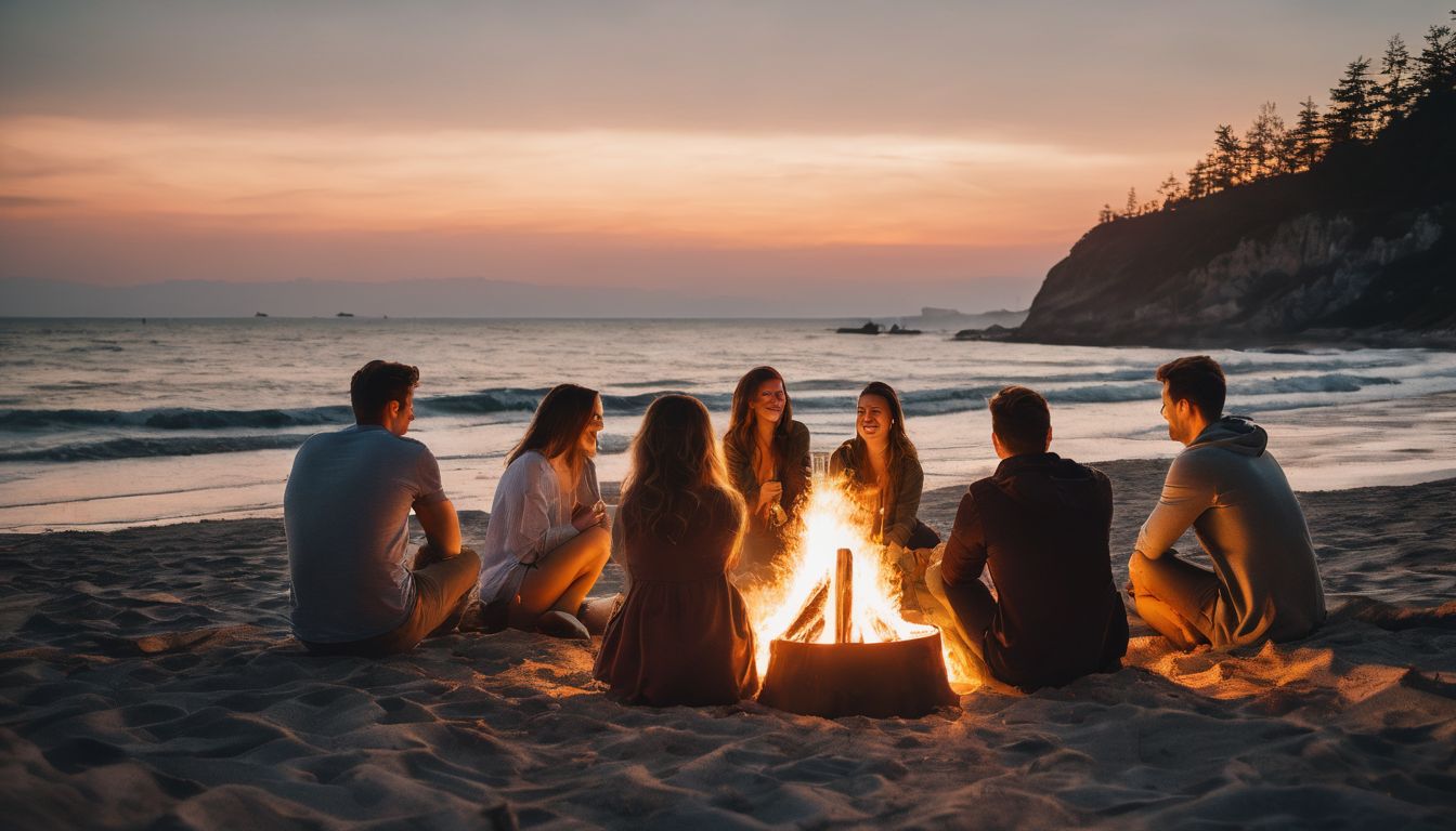 A diverse group of friends gather around a bonfire on the beach, capturing the vibrant atmosphere on camera.