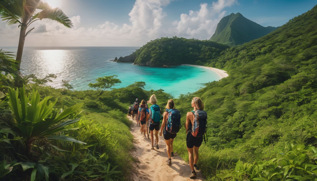 A diverse group of friends hiking along a lush trail with stunning beaches and crystal clear waters in the background.