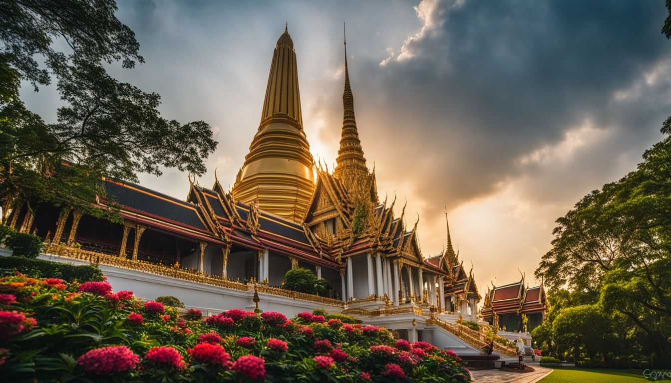 A stunning photo of the Grand Palace with its golden spire standing tall amidst lush gardens and a bustling atmosphere.