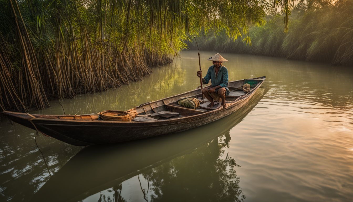 A photo of a fisherman on a traditional boat in the Sundarbans, showcasing diverse faces and outfits.