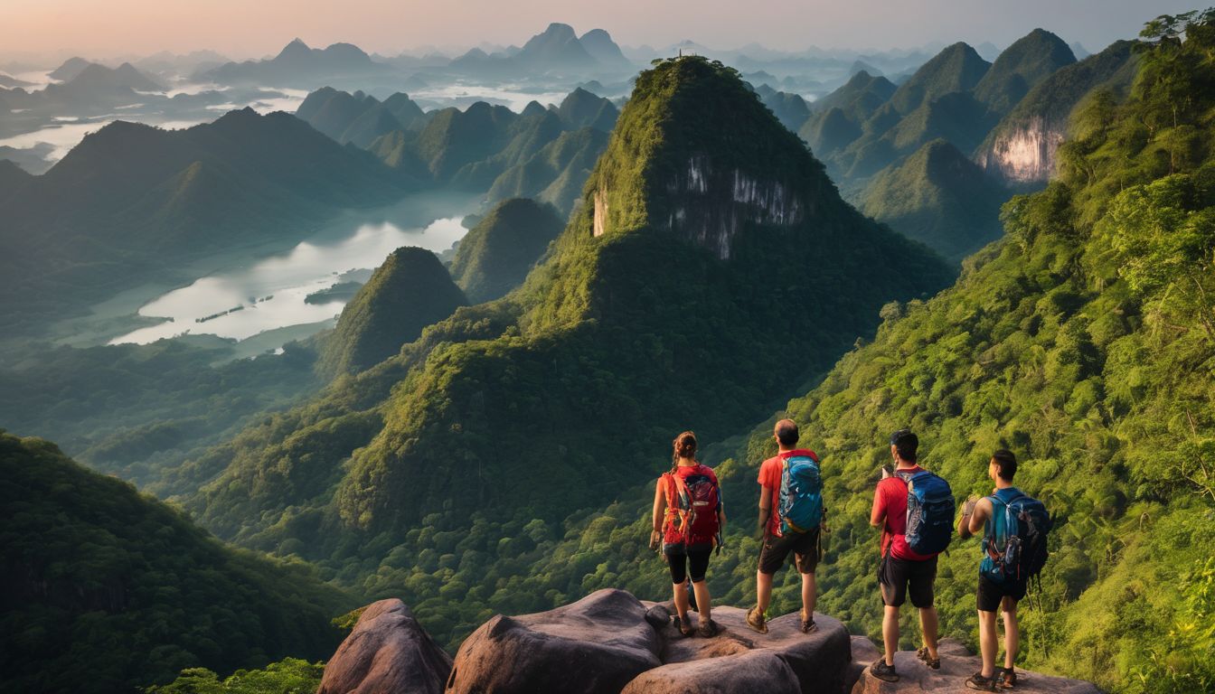 A group of hikers stands on a cliffside with Wat Phu Tok in the background, creating a bustling and adventurous atmosphere.