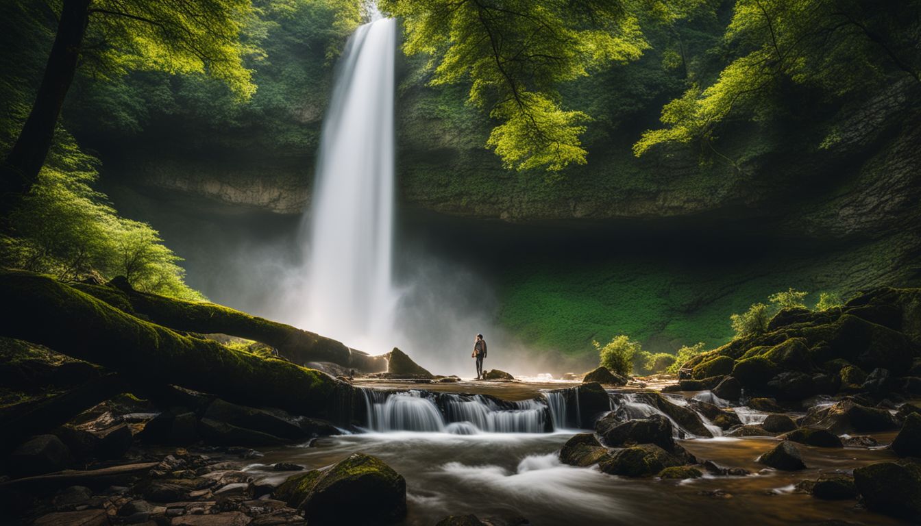 The photo captures a stunning waterfall surrounded by lush green forests, featuring various individuals in different outfits and hair styles.