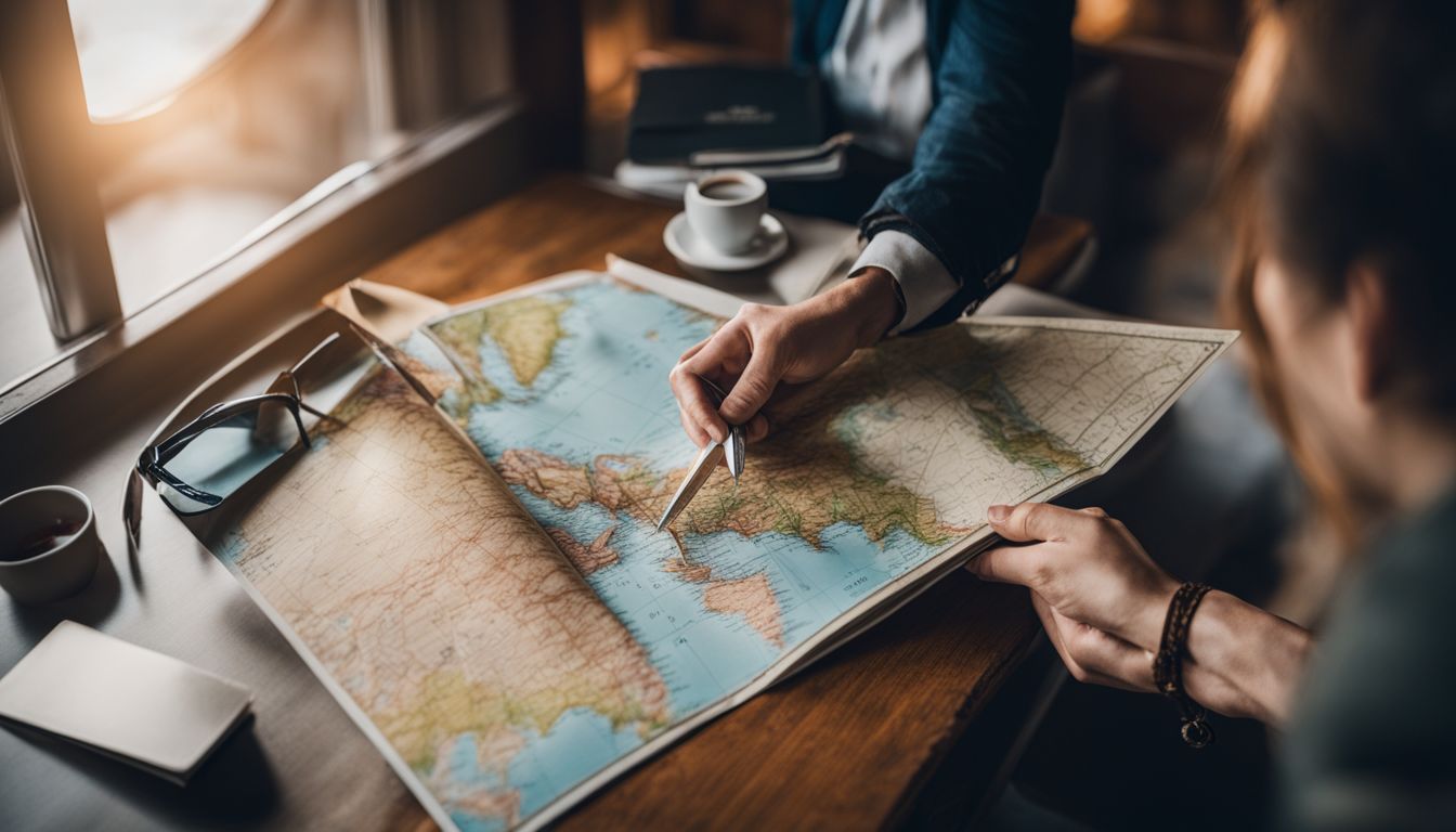 A traveler holds a passport and plane tickets while studying a world map.