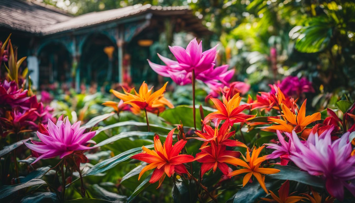A vibrant garden of tropical flowers blooming at Hidden Garden Hostels in Chiang Mai.
