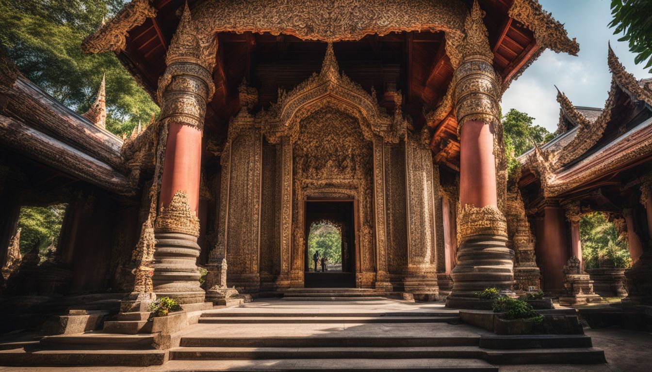 The image depicts the elaborate entrance of Wat Bowonniwet, showcasing its intricate architectural details and serene garden.