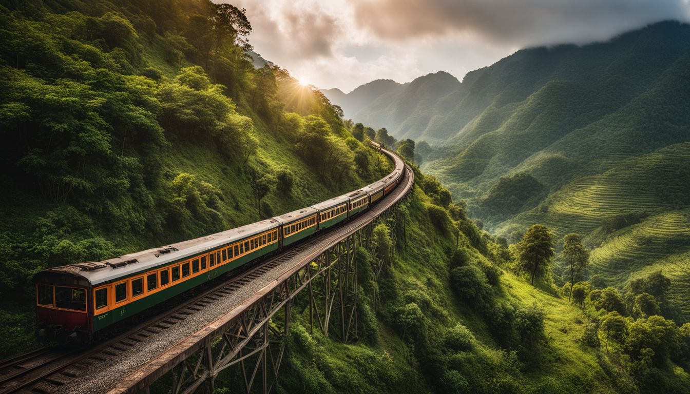A picturesque shot of the famous Death Railway as it winds through the lush green countryside.