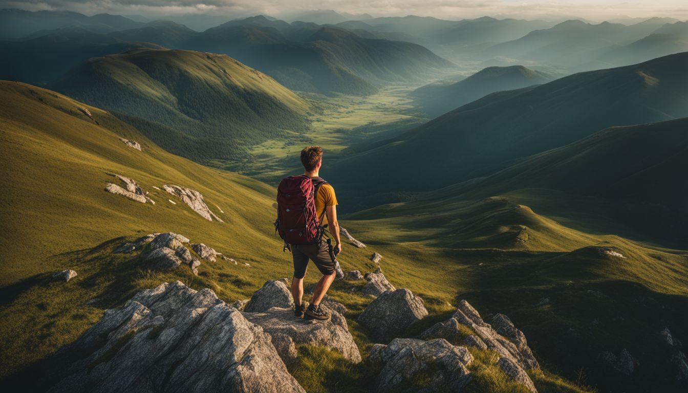 A hiker enjoys the breathtaking view of a lush valley from a mountain peak.