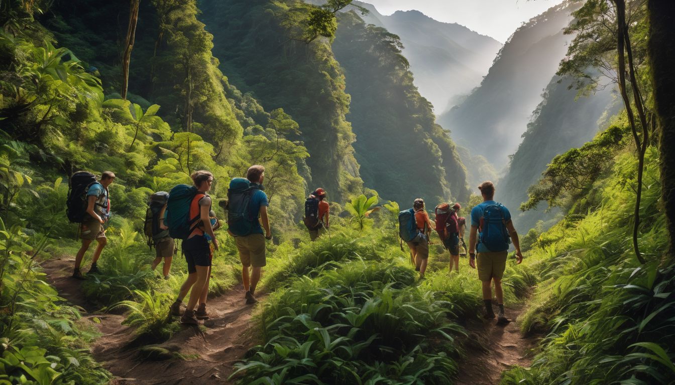 A diverse group of hikers explore a vibrant jungle landscape in a bustling atmosphere.