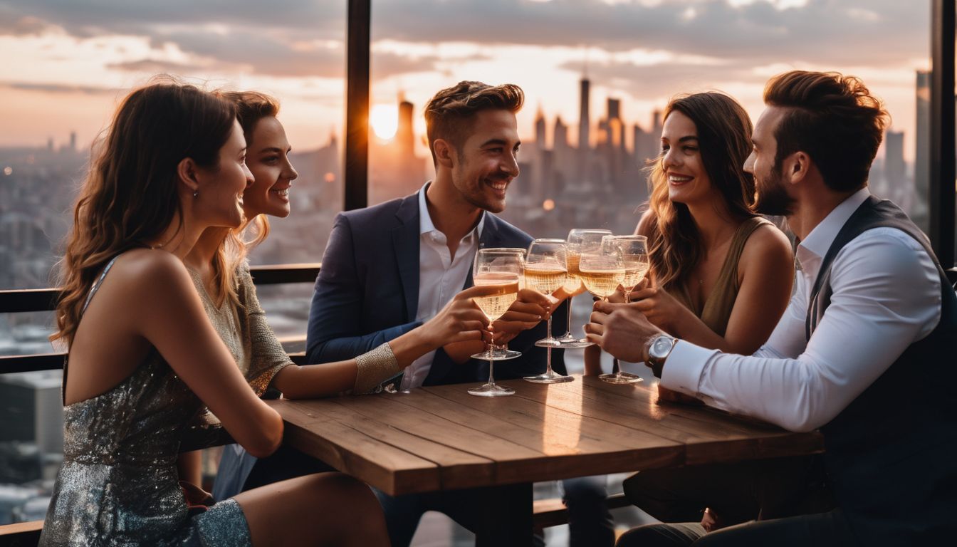 A diverse group of friends cheers to a fun night out at a rooftop bar overlooking the city skyline.