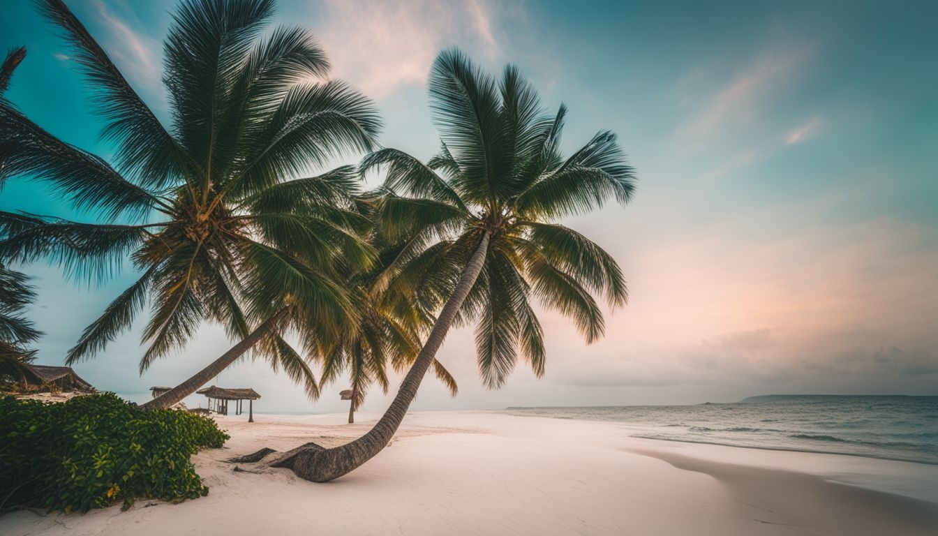 A stunning photograph of palm trees on a beautiful sandy beach with turquoise waters and a bustling atmosphere.