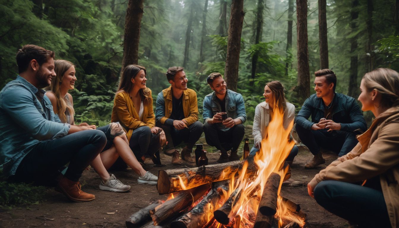 A diverse group of travelers enjoy a lively campfire surrounded by lush forests.