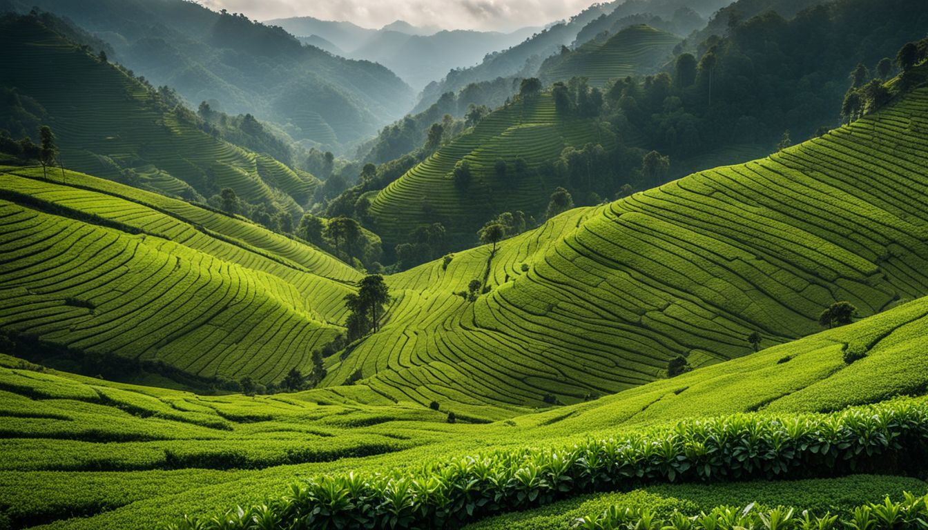 A breathtaking panoramic view of lush tea plantations in Jaflong, featuring diverse individuals in different outfits enjoying the bustling atmosphere.