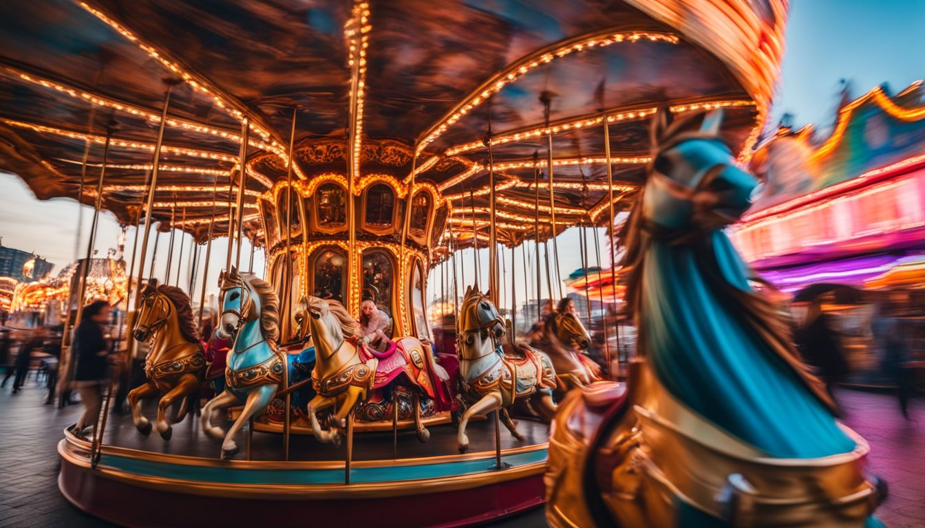 A vibrant amusement park scene with a colorful carousel spinning amidst a bustling atmosphere.