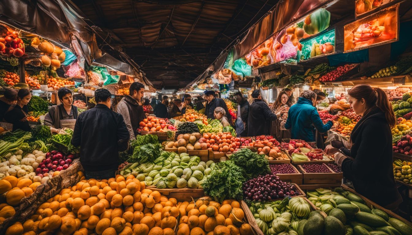 A lively market filled with colorful fruits and vegetables, showcasing a diverse group of people and busy atmosphere.