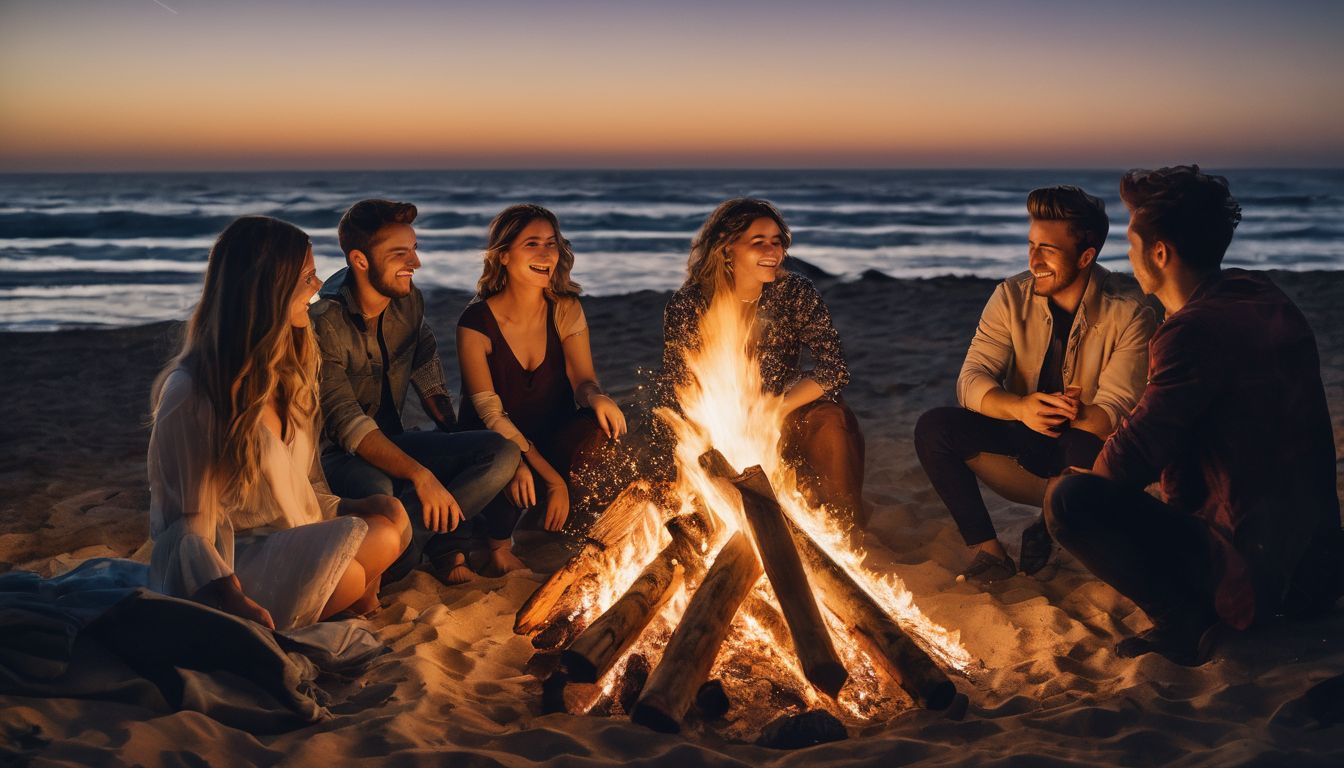 A diverse group of friends enjoy a beach bonfire and starry sky in a vibrant, bustling atmosphere.