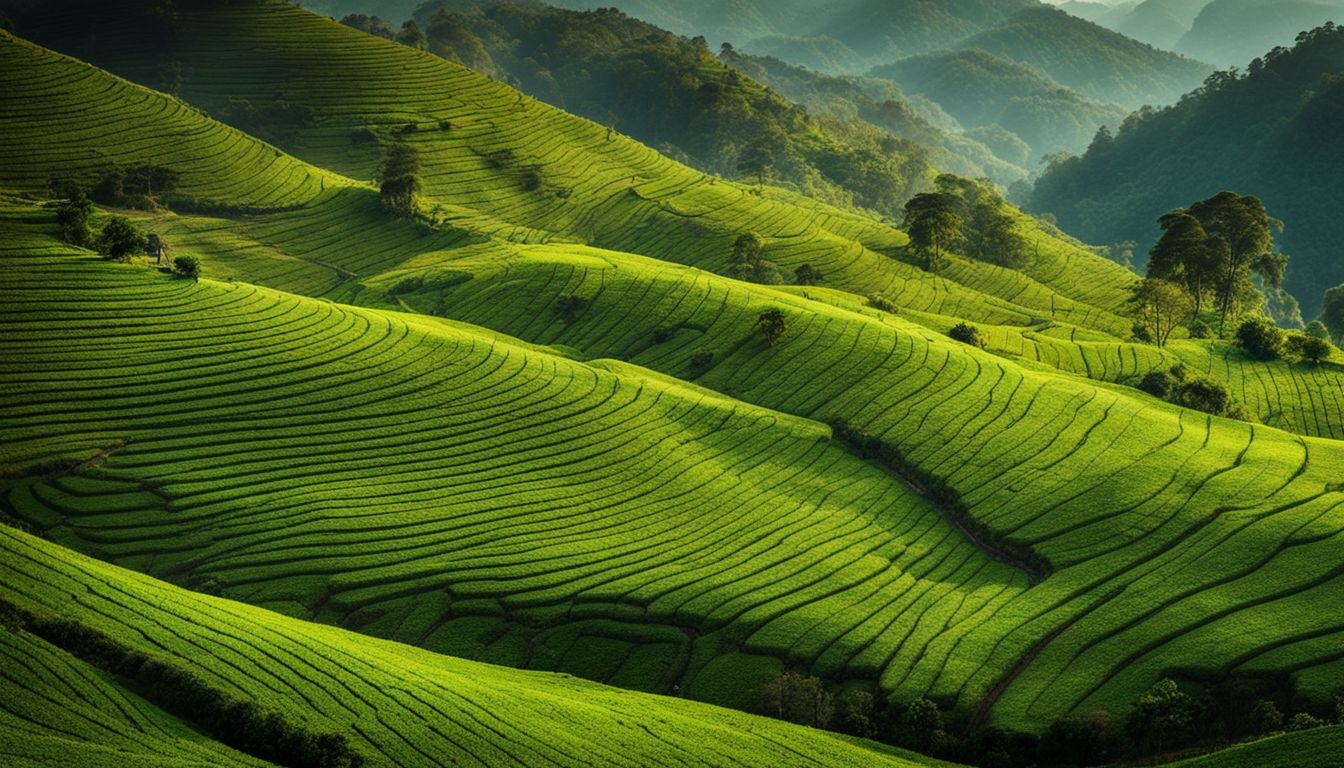 A breathtaking panoramic view of the picturesque tea gardens and rolling hills in Jaflong.