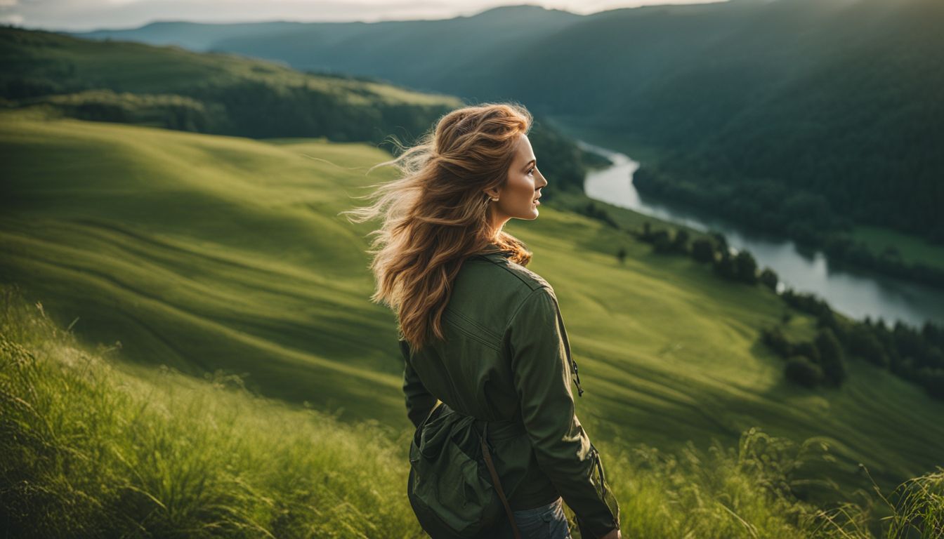 A woman stands on a hilltop, surrounded by lush green landscapes and overlooking a river.