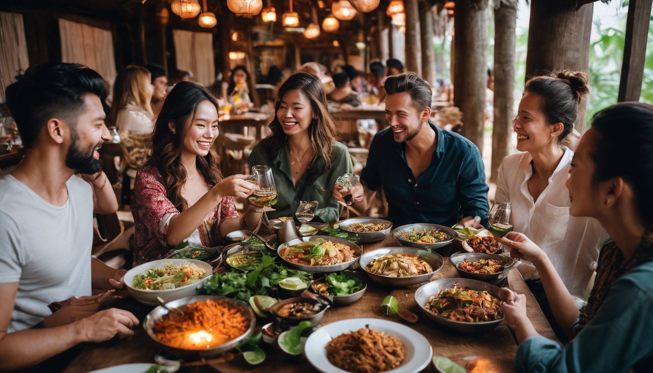 A diverse group of friends enjoys a flavorful Southern Thai meal at Khua Kling Pak Sod.