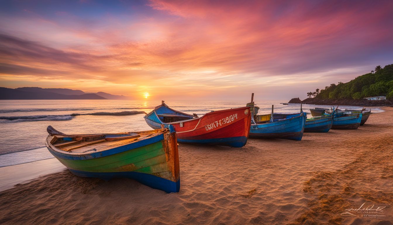 Colorful fishing boats on a beautiful beach at sunrise with a bustling atmosphere.